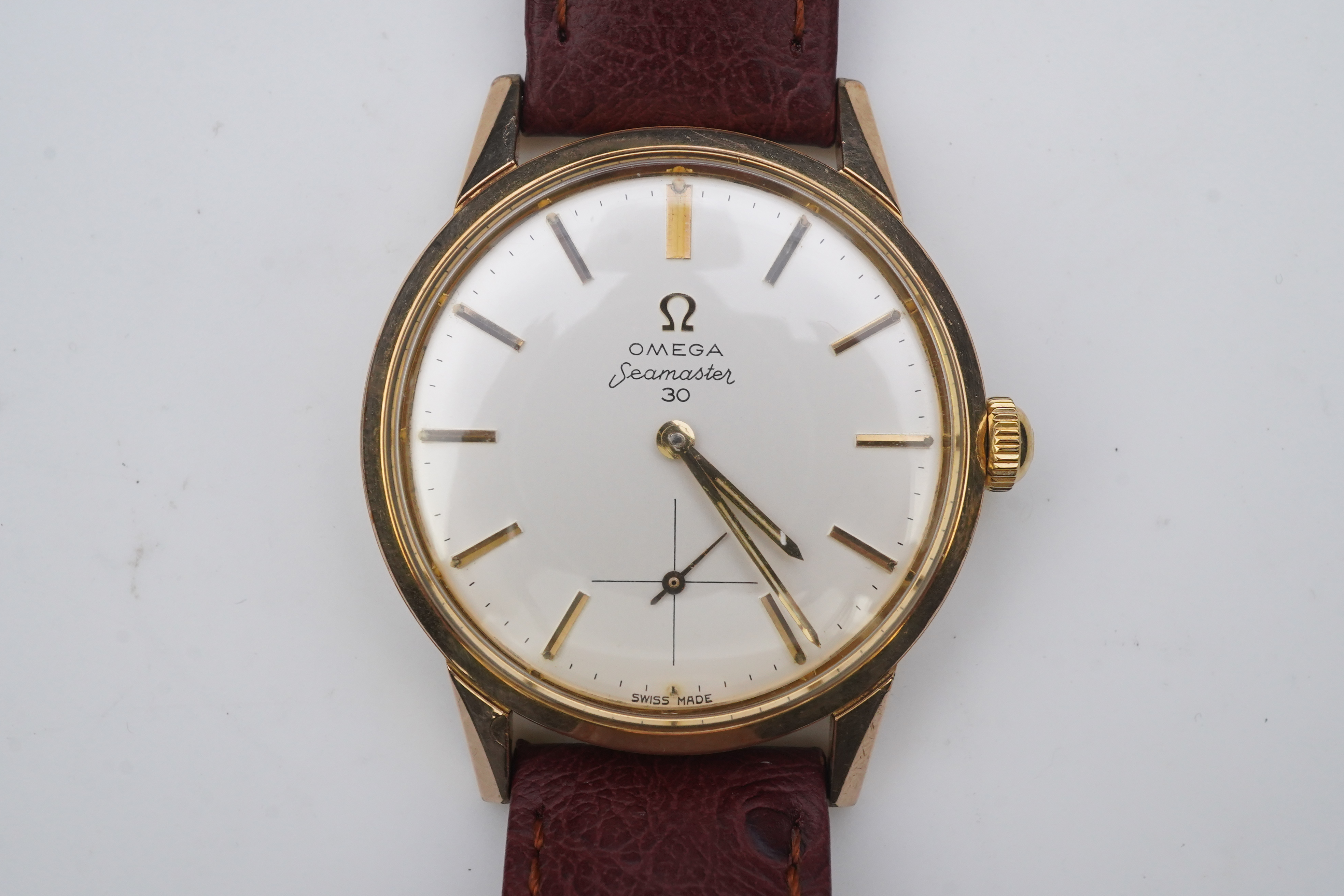 A gentleman's early 1960's steel and gold plated Omega Seamaster 30 manual wind wrist watch, on a later associated leather strap